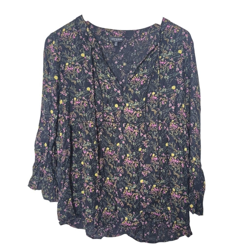 Lucky Brand Floral Bell Sleeve Blouse Black Boho Romantic Whimsigoth Size Medium
